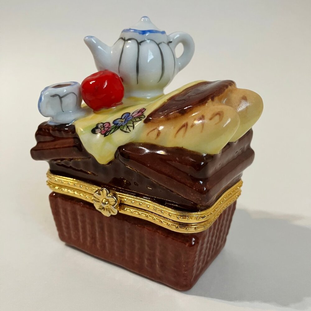 Picnic Basket Jewelry Trinket Box Tea Pot Cup Apples Bread Hinged Porcelain